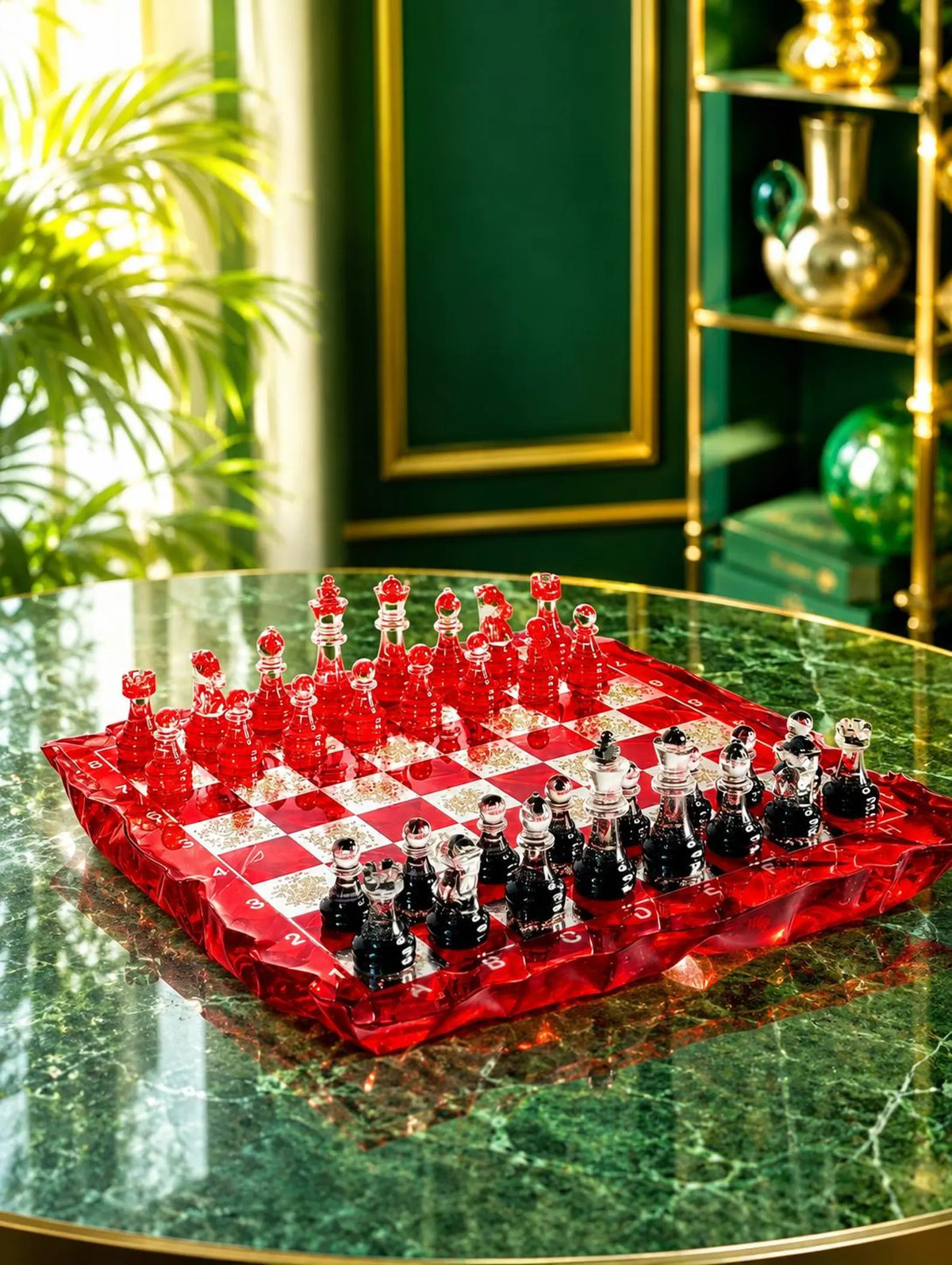 Handmade Red Iceberg Epoxy Resin Chess Set with Crystal Pieces Artistic Board Design