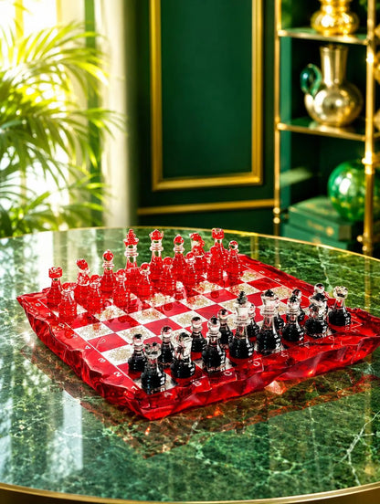 Handmade Red Iceberg Epoxy Resin Chess Set with Crystal Pieces Artistic Board Design
