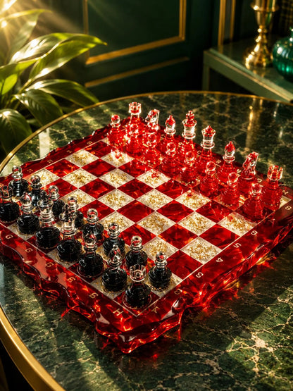 Handmade Red Iceberg Epoxy Resin Chess Set with Crystal Pieces Artistic Board Design