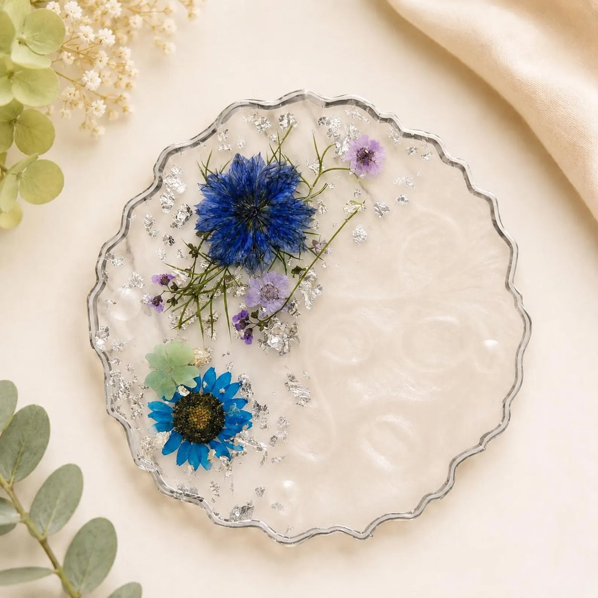 Floral Resin Coaster Set, Pressed Flower Gold Flake, Handmade Home Decor Holder, Elegant Design