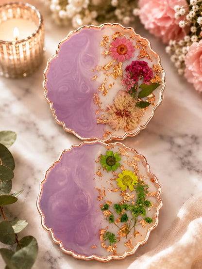 Floral Resin Coaster Set, Pressed Flower Gold Flake, Handmade Home Decor Holder, Elegant Design