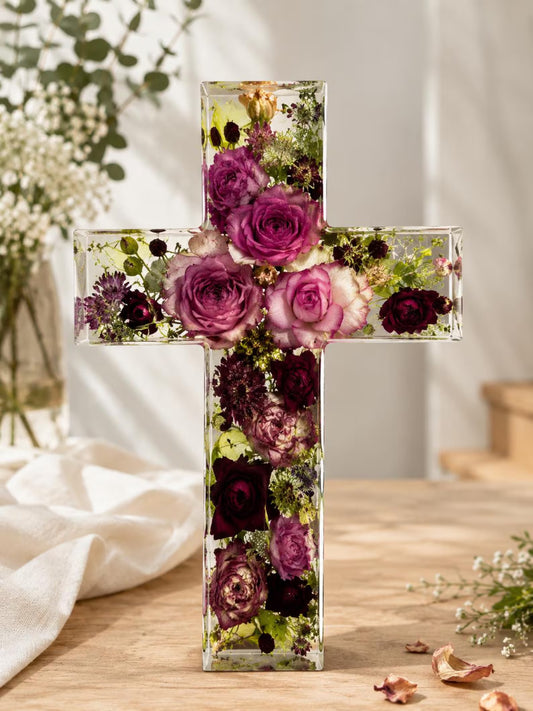 Large Dried Flower Resin Cross, Handmade Memorial Christian Wall Decor, Spiritual Keepsake Floral Home Accent