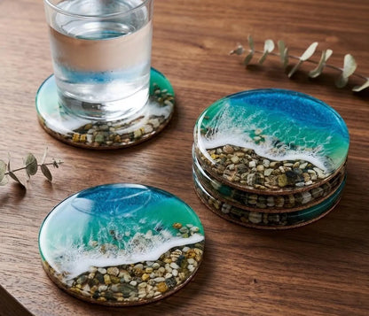 Ocean Wave Resin Coasters, Handmade Beach Pebble Drinkware Set, Coastal Table Decor, Unique Home Decor