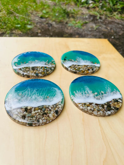 Ocean Wave Resin Coasters, Handmade Beach Pebble Drinkware Set, Coastal Table Decor, Unique Home Decor