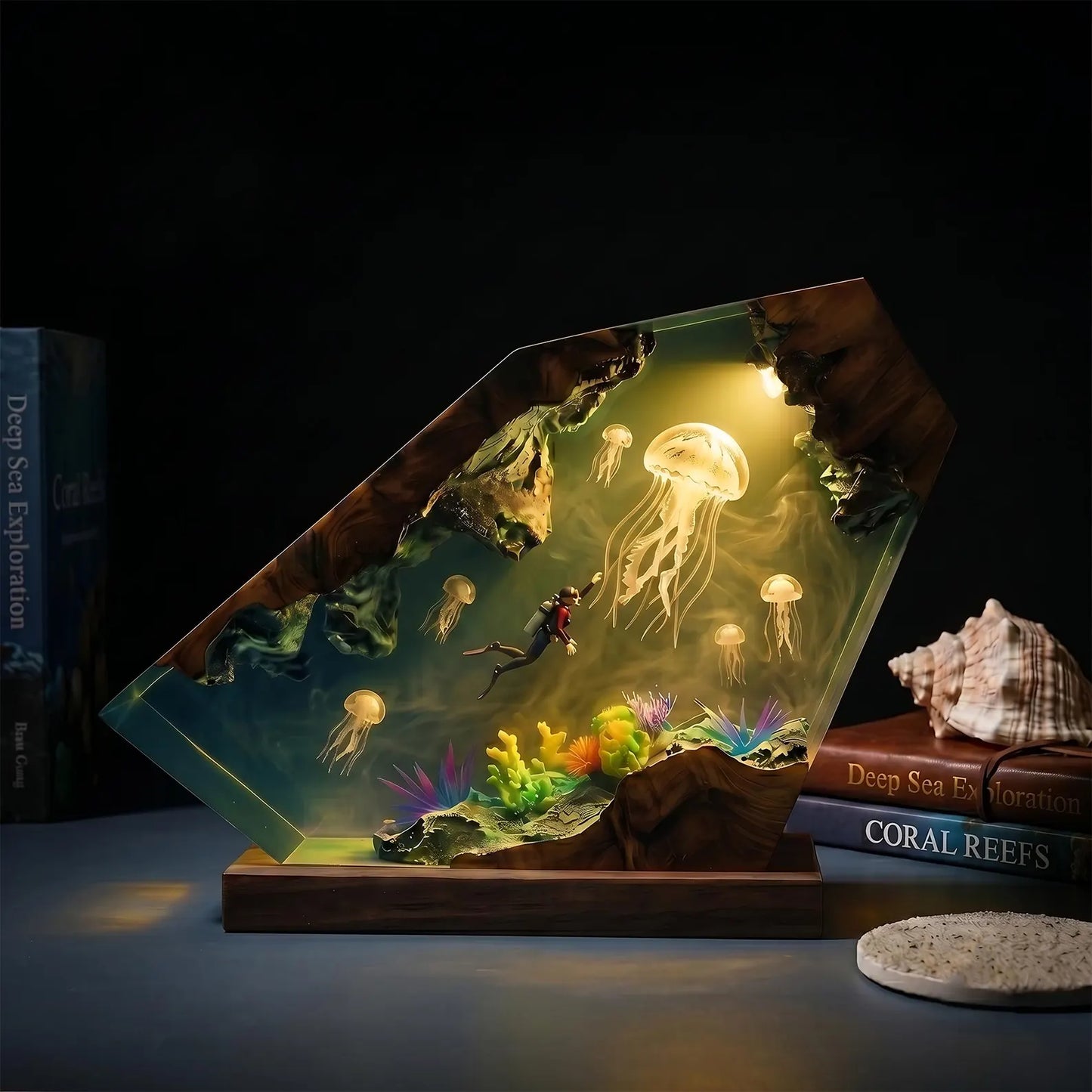 Handmade Deep Sea Jellyfish Resin Lamp – Ocean Diver Coral Reef Night Light Decor