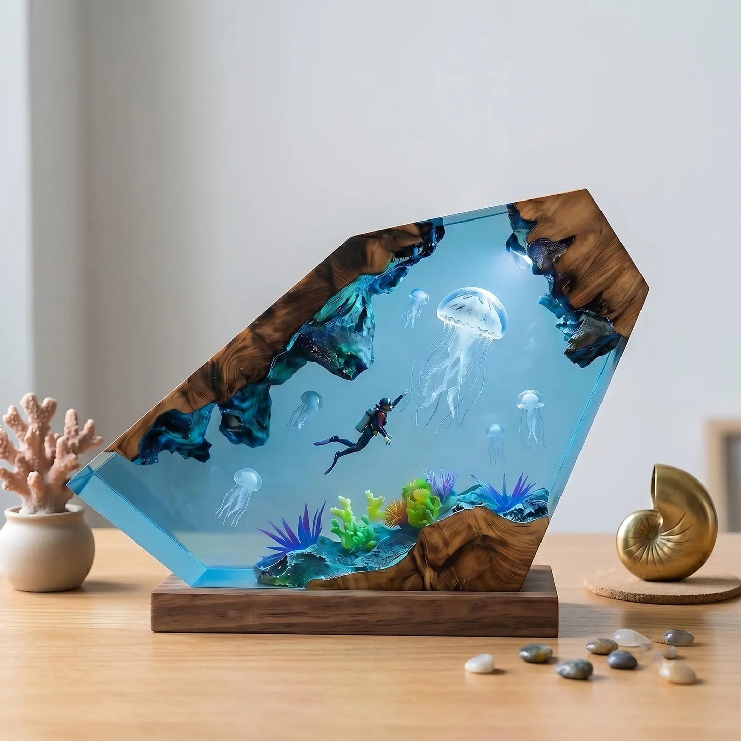 Handmade Deep Sea Jellyfish Resin Lamp – Ocean Diver Coral Reef Night Light Decor
