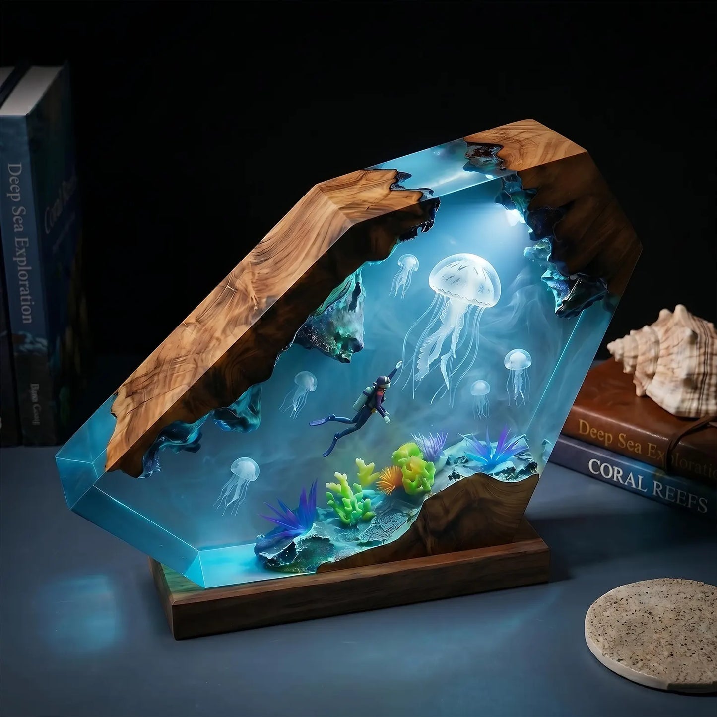 Handmade Deep Sea Jellyfish Resin Lamp – Ocean Diver Coral Reef Night Light Decor