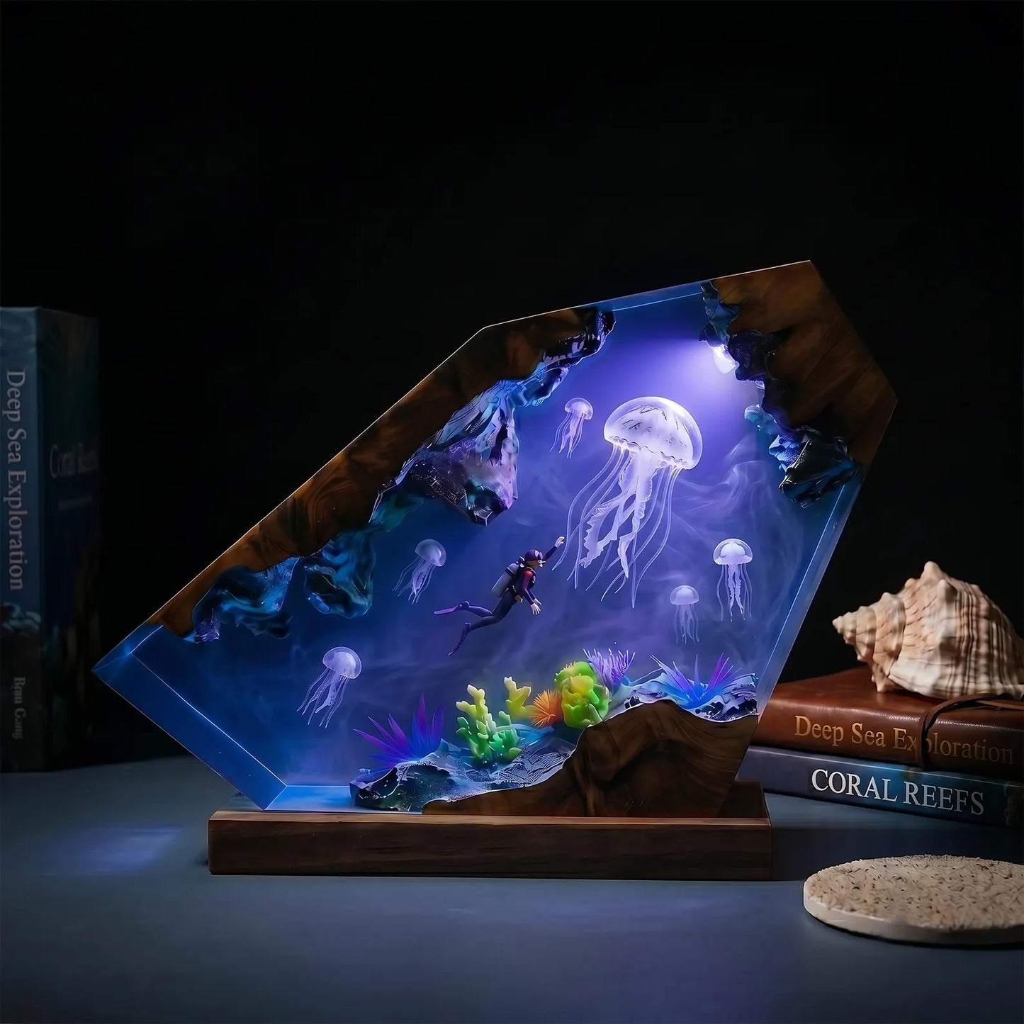 Handmade Deep Sea Jellyfish Resin Lamp – Ocean Diver Coral Reef Night Light Decor