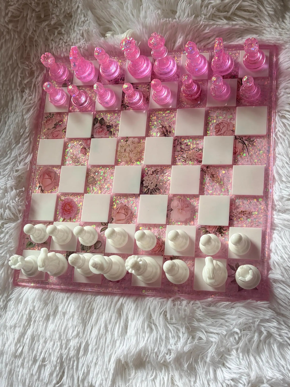 Handmade Pink Resin Chess Set with Elegant Epoxy Board and Artistic Crystal Chess Pieces