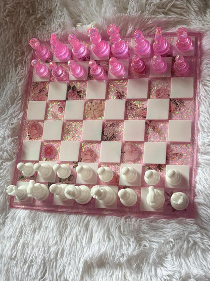 Handmade Pink Resin Chess Set with Elegant Epoxy Board and Artistic Crystal Chess Pieces