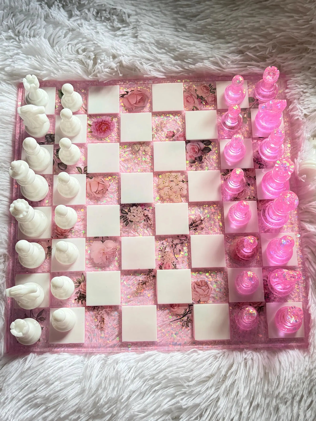 Handmade Pink Resin Chess Set with Elegant Epoxy Board and Artistic Crystal Chess Pieces
