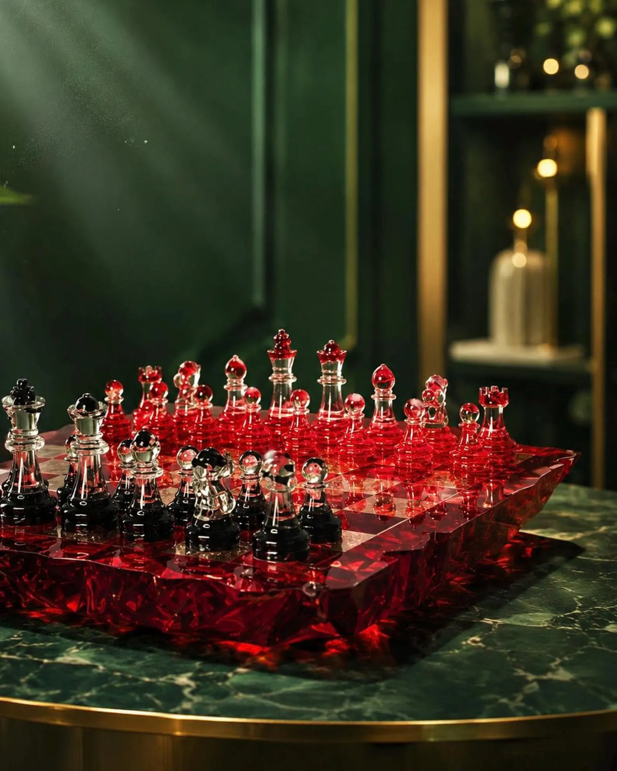 Handmade Red Iceberg Epoxy Resin Chess Set with Crystal Pieces Artistic Board Design