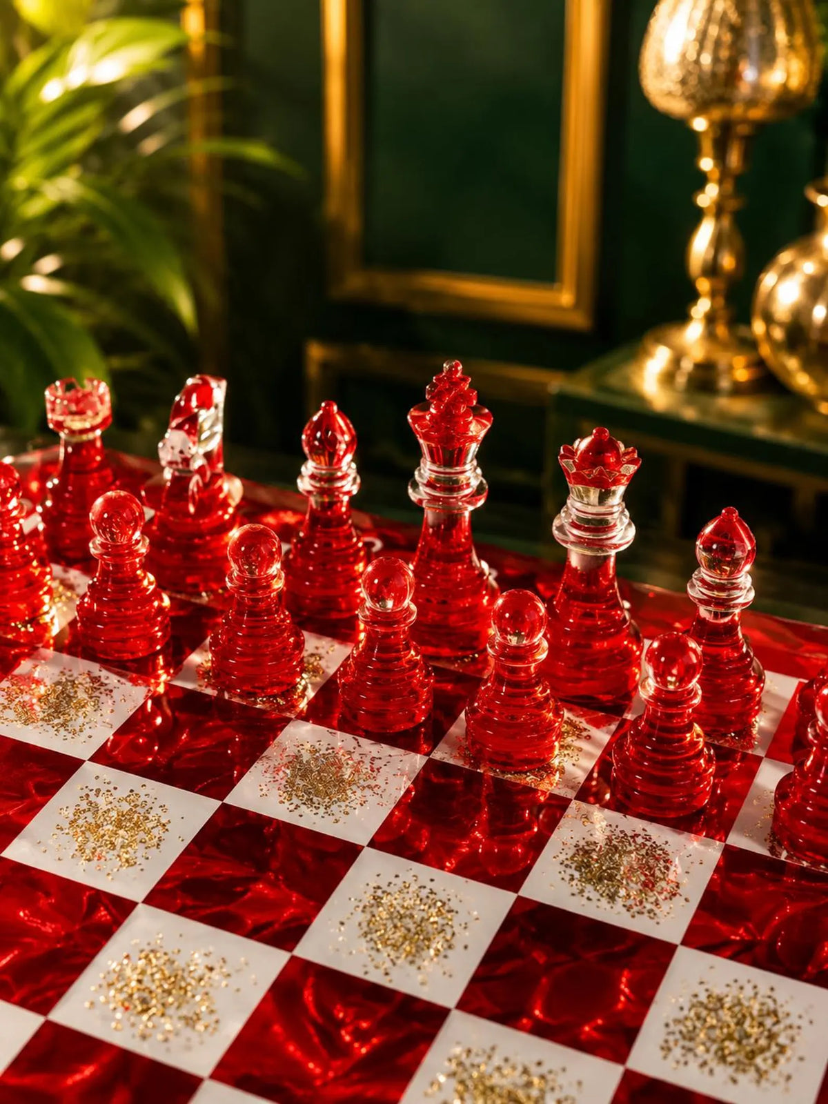 Handmade Red Iceberg Epoxy Resin Chess Set with Crystal Pieces Artistic Board Design