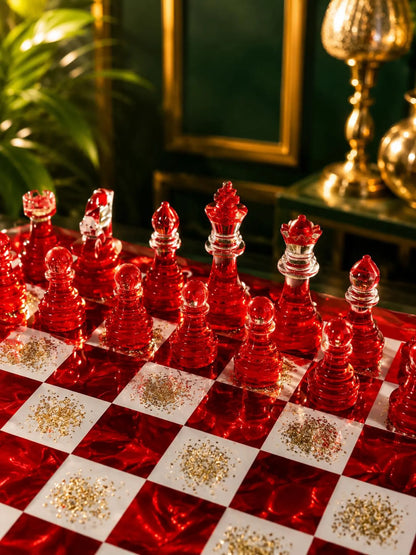 Handmade Red Iceberg Epoxy Resin Chess Set with Crystal Pieces Artistic Board Design