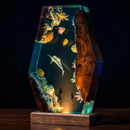 Ocean Resin Lamp, Handmade Epoxy Night Light, Underwater Decor, Wooden LED Table Lamp, Coastal Home