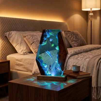 Ocean Resin Lamp, Handmade Epoxy Night Light, Underwater Decor, Wooden LED Table Lamp, Coastal Home