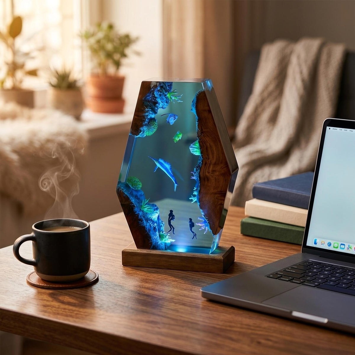 Ocean Resin Lamp, Handmade Epoxy Night Light, Underwater Decor, Wooden LED Table Lamp, Coastal Home