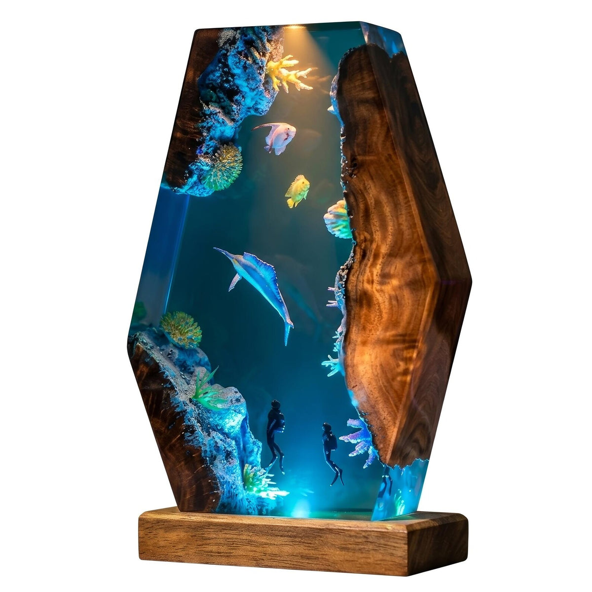 Ocean Resin Lamp, Handmade Epoxy Night Light, Underwater Decor, Wooden LED Table Lamp, Coastal Home