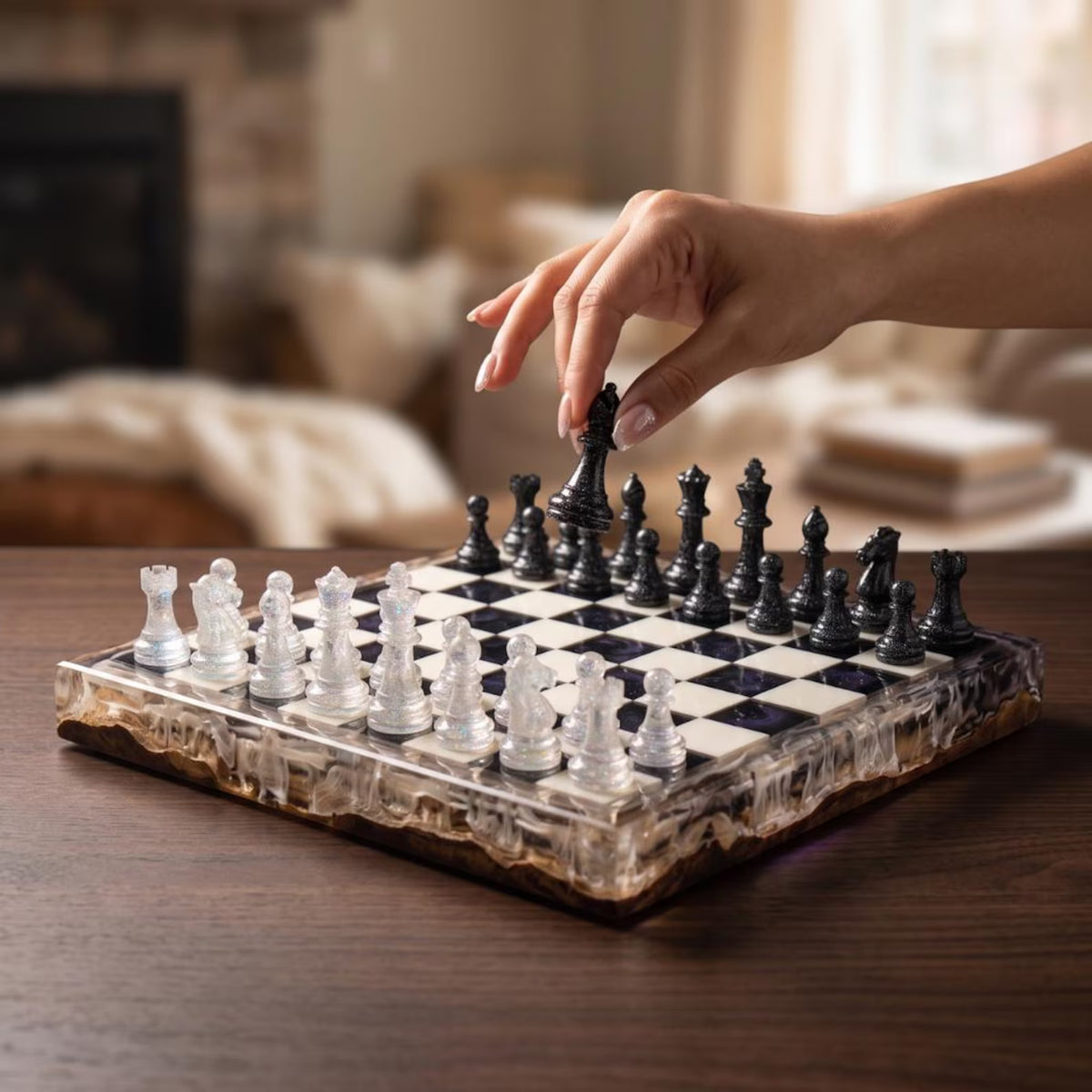 Handmade Luxury Resin Chess Set with Natural Wood Board and 32 Artistic Chess Pieces