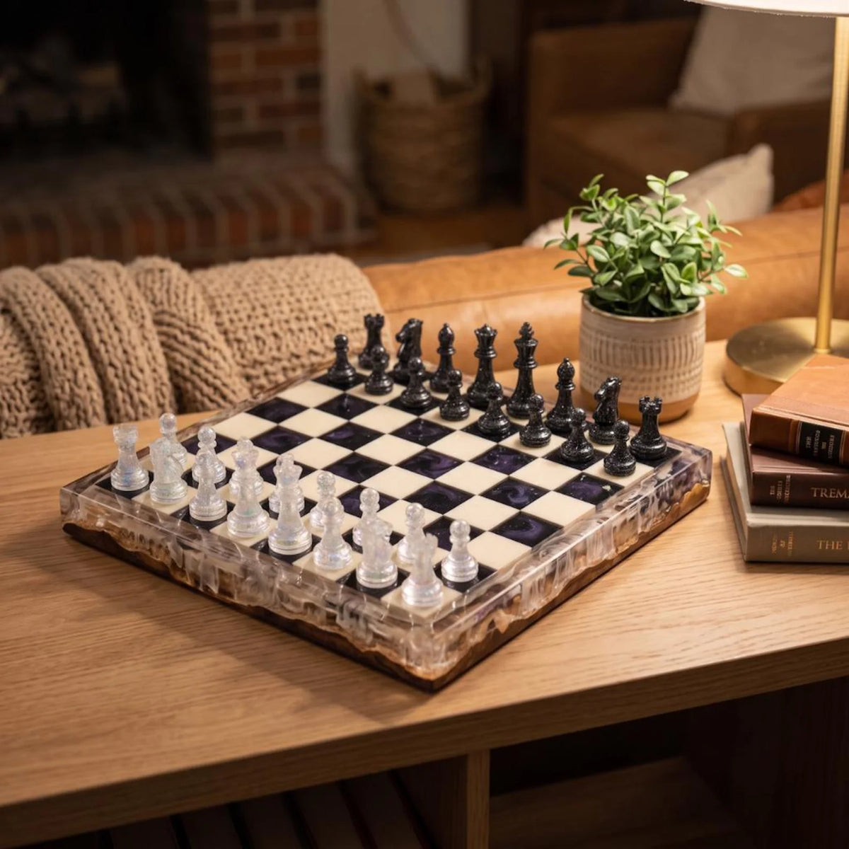 Handmade Luxury Resin Chess Set with Natural Wood Board and 32 Artistic Chess Pieces