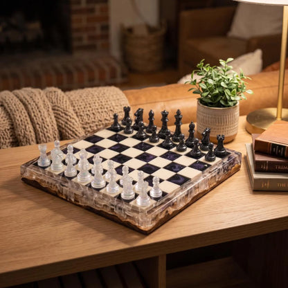 Handmade Luxury Resin Chess Set with Natural Wood Board and 32 Artistic Chess Pieces