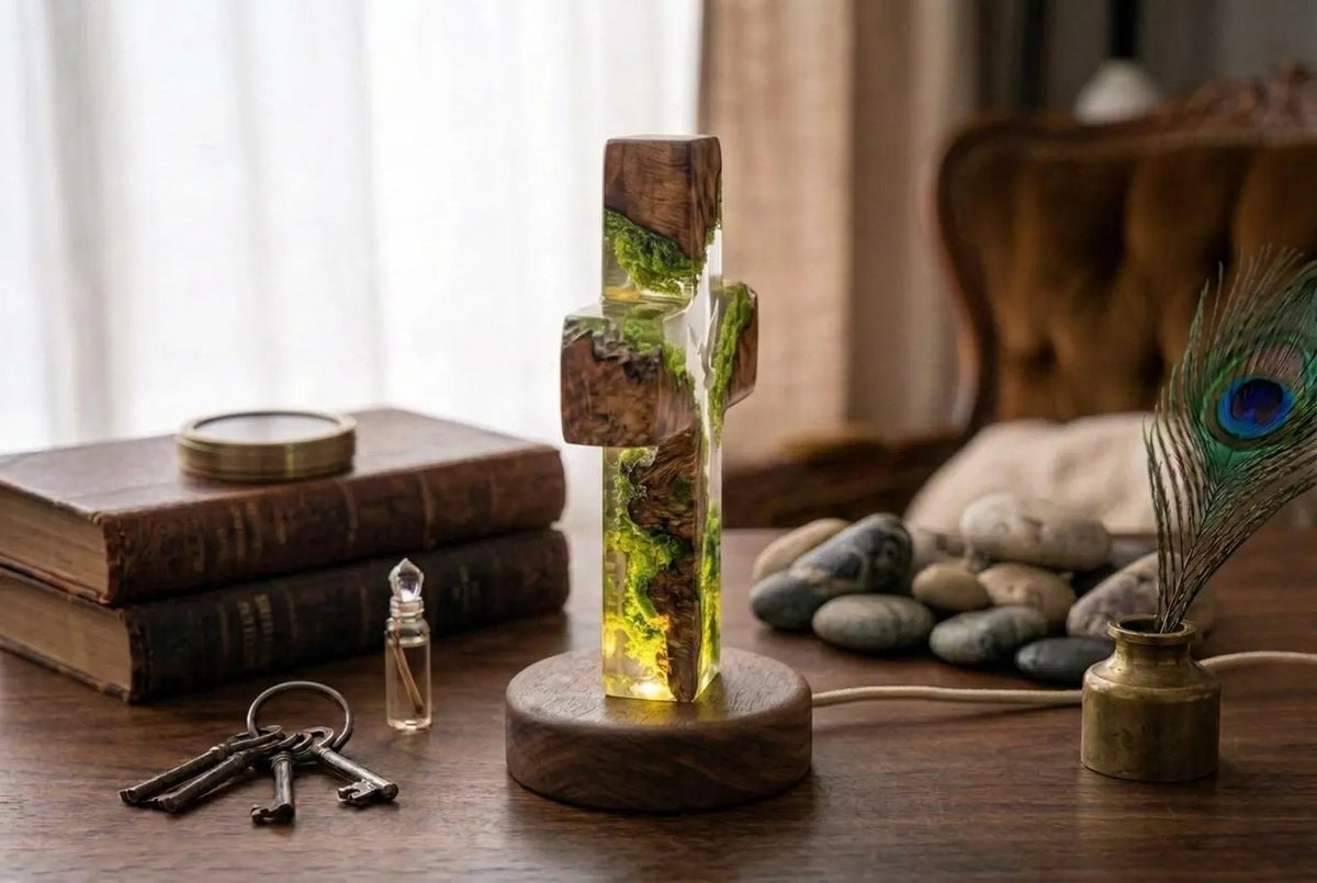 Handmade Resin Cross Lamp, Dove Moss Night Light, Wooden Base Christian Home Decor, Spiritual Lighting