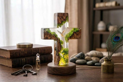Handmade Resin Cross Lamp, Dove Moss Night Light, Wooden Base Christian Home Decor, Spiritual Lighting