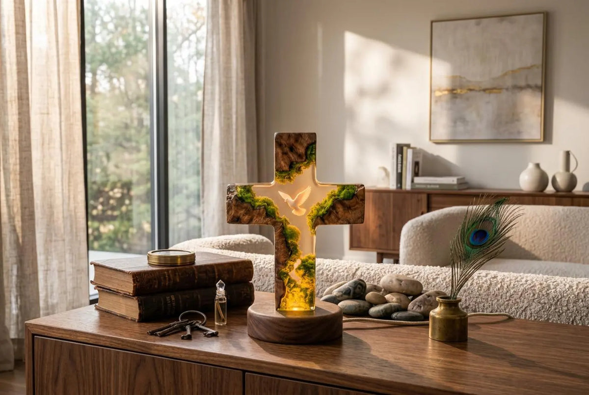 Handmade Resin Cross Lamp, Dove Moss Night Light, Wooden Base Christian Home Decor, Spiritual Lighting