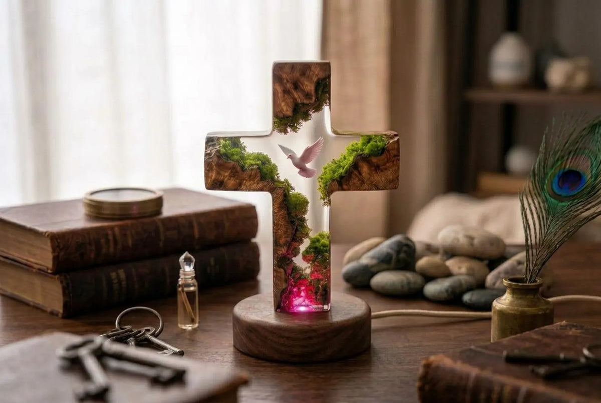 Handmade Resin Cross Lamp, Dove Moss Night Light, Wooden Base Christian Home Decor, Spiritual Lighting
