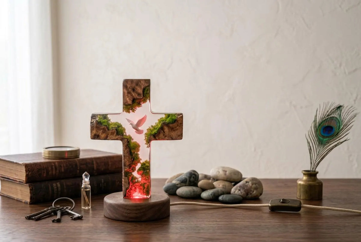 Handmade Resin Cross Lamp, Dove Moss Night Light, Wooden Base Christian Home Decor, Spiritual Lighting