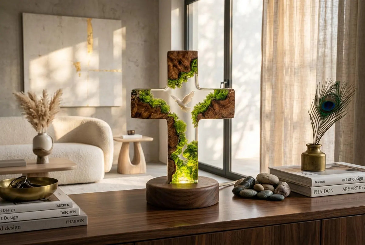Handmade Resin Cross Lamp, Dove Moss Night Light, Wooden Base Christian Home Decor, Spiritual Lighting