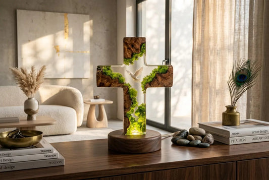 Handmade Resin Cross Lamp, Dove Moss Night Light, Wooden Base Christian Home Decor, Spiritual Lighting