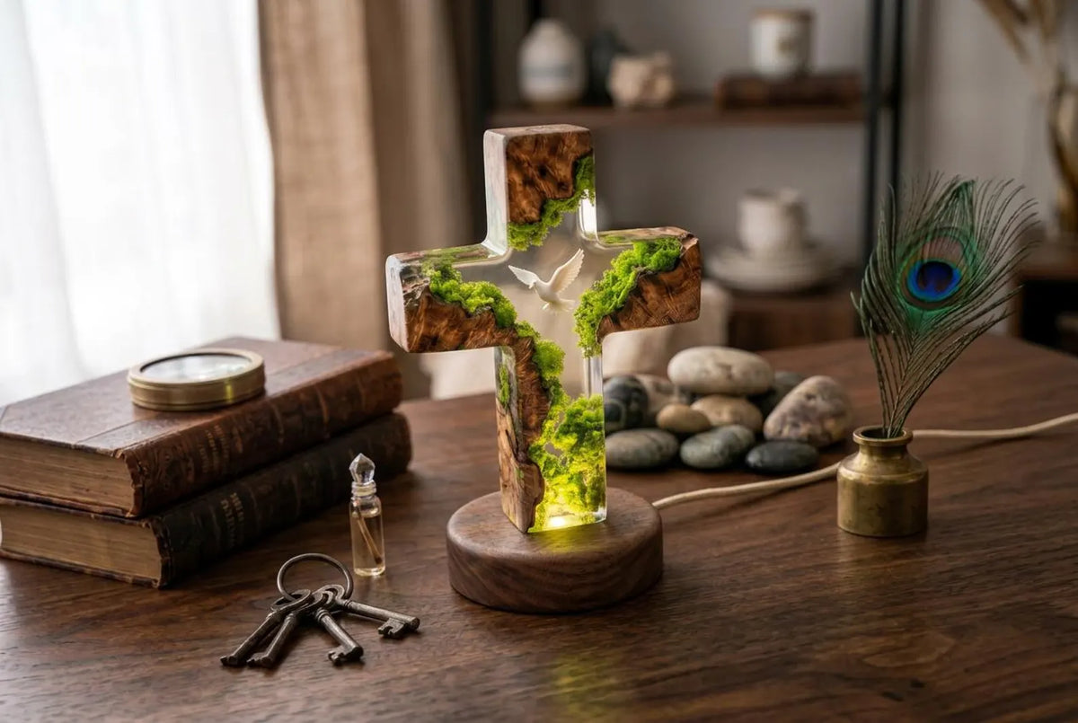 Handmade Resin Cross Lamp, Dove Moss Night Light, Wooden Base Christian Home Decor, Spiritual Lighting