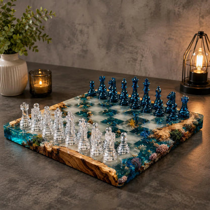 Handmade Epoxy Resin Chess Set – Luxury Wooden Chess Board with 32 Pieces