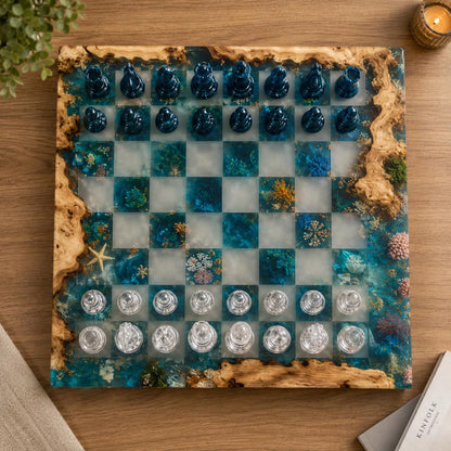 Handmade Epoxy Resin Chess Set – Luxury Wooden Chess Board with 32 Pieces