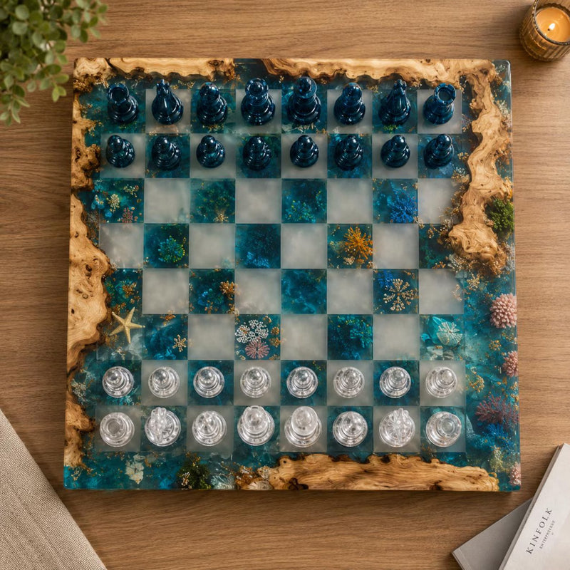 Handmade Epoxy Resin Chess Set – Luxury Wooden Chess Board with 32 Pieces