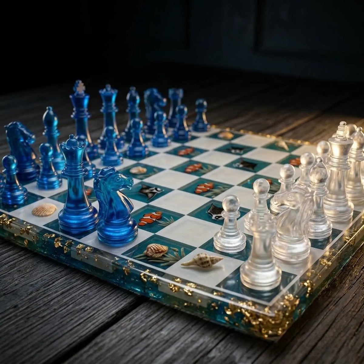 Handmade Ocean Resin Chess Set with Luxury Epoxy Board and 32 Artistic Chess Pieces