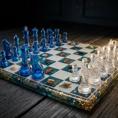 Handmade Ocean Resin Chess Set with Luxury Epoxy Board and 32 Artistic Chess Pieces
