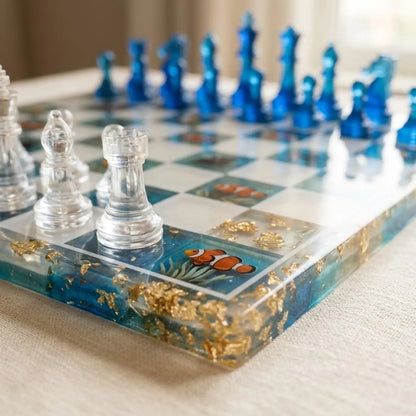 Handmade Ocean Resin Chess Set with Luxury Epoxy Board and 32 Artistic Chess Pieces