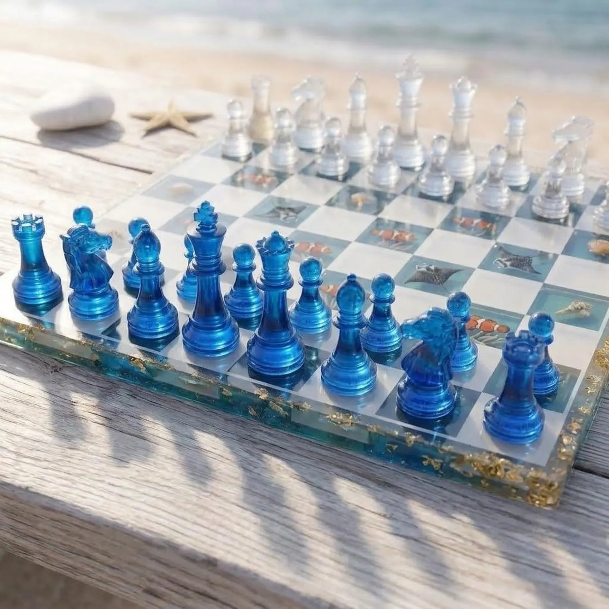 Handmade Ocean Resin Chess Set with Luxury Epoxy Board and 32 Artistic Chess Pieces