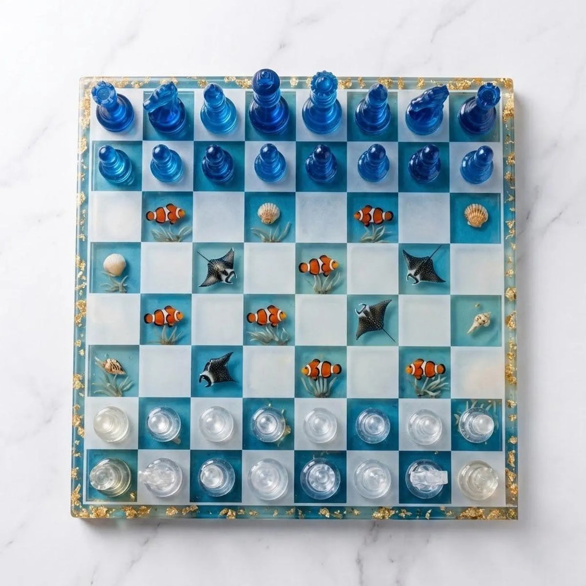 Handmade Ocean Resin Chess Set with Luxury Epoxy Board and 32 Artistic Chess Pieces