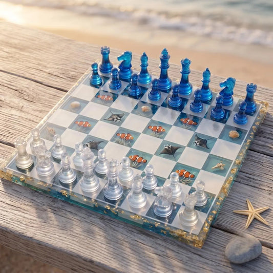 Handmade Ocean Resin Chess Set with Luxury Epoxy Board and 32 Artistic Chess Pieces