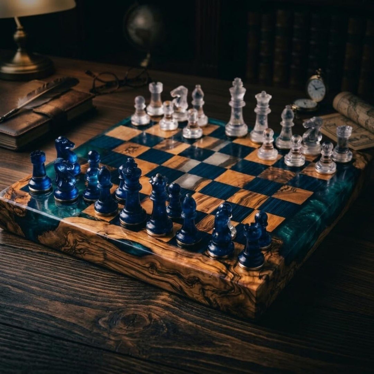 Luxury Handmade Wood Resin Chess Set with Artistic Epoxy Board and Unique Chess Pieces
