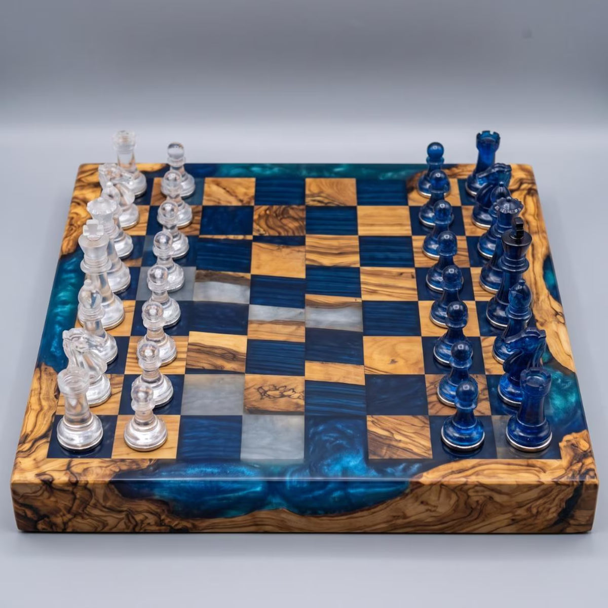 Luxury Handmade Wood Resin Chess Set with Artistic Epoxy Board and Unique Chess Pieces