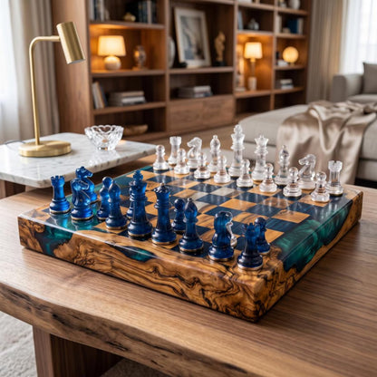 Luxury Handmade Wood Resin Chess Set with Artistic Epoxy Board and Unique Chess Pieces