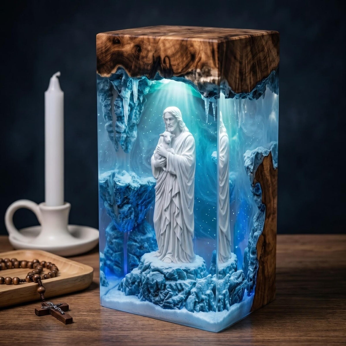 Jesus Holding Lamb Resin Lamp, Handmade Christian Night Light, Religious Table Lamp, Bible Home Decor