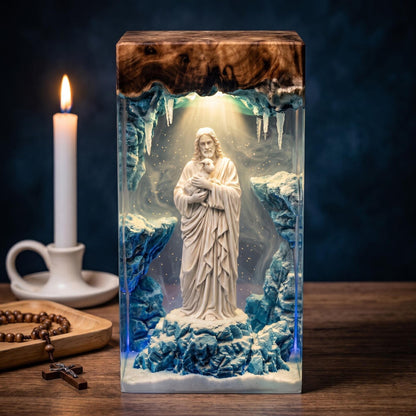 Jesus Holding Lamb Resin Lamp, Handmade Christian Night Light, Religious Table Lamp, Bible Home Decor