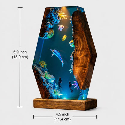 Ocean Resin Lamp, Handmade Epoxy Night Light, Underwater Decor, Wooden LED Table Lamp, Coastal Home