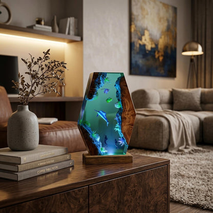 Ocean Resin Lamp, Handmade Epoxy Night Light, Underwater Decor, Wooden LED Table Lamp, Coastal Home