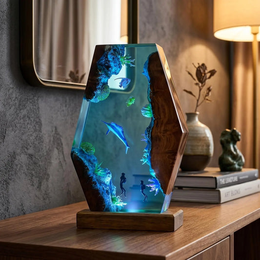 Ocean Resin Lamp, Handmade Epoxy Night Light, Underwater Decor, Wooden LED Table Lamp, Coastal Home